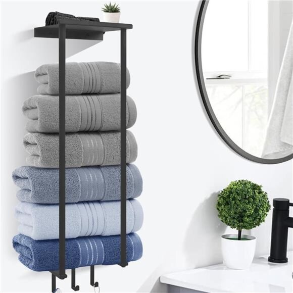 Towel Racks, Vertical Towel Storage with Metal Shelf and 3 Hooks - Picture 1 of 8